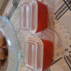 2 Vintage Pyrex Red Glass Refrigerator Dishes with Clear Ribbed Glass Lids